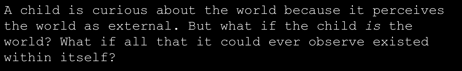A child is curious about the world because it perceives the world as external. But what if the child is the world? What if all that it could ever observe existed within itself?